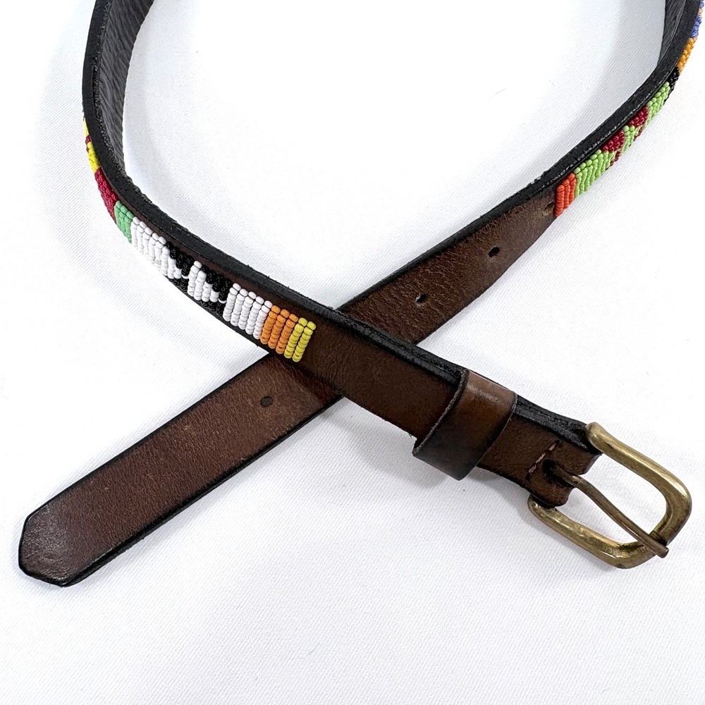Handcrafted Beaded Leather Belt Brown Colorful Tribal Geometric Brass Buckle‎ 26